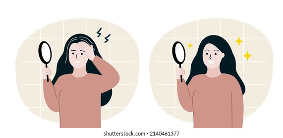 Set of woman holding mirror before and after. Girl find many grey hairs growing on head and dyeing hair. Early aging, Maturity, beauty, hairstyle concept. Flat cartoon people vector illustration.