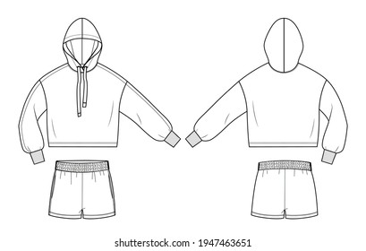 Set woman home wear sport suit in vector graphic  Crop sport hoodie and drawstring hood  volume sleeves   shorts and pockets Fashion isolated  illustration template Scheme front   back views