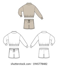 Set of woman homewear sport suit in vector graphic. Volume sweatshirt with t neck and woman shorts with cords and caffs. Fashion isolated illustration template.Scheme front and back views.