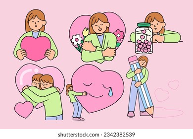 Set of Woman Hugging Herself, Representing the Concept of Self-Care. Simple Style Vector illustration.