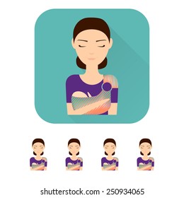 Set of woman icons. Woman with a baby in a sling. Baby wearing. Flat icon woman. Flat set.