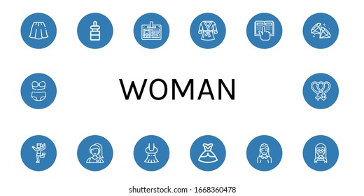 Set of woman icons. Such as Skirt, Dropper, Id card, Bathrobe, Reading, Diamond, Traditional dance, Assistant, Dress, Maid, Bikini, Bisexual , woman icons