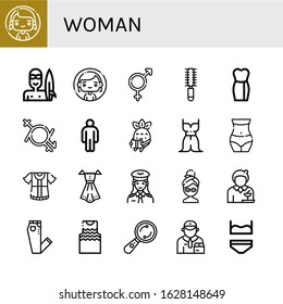 Set of woman icons. Such as Woman, Surfer, Bigender, Hair brush, Dress, Gender fluid, Male, Reading, Waist, Pilot, Facial mask, Waitress, Jeans, Tanktop, Examine , woman icons