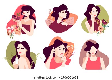 Set of woman illustrations for beauty, cosmetics, makeup, healthcare, fashion. Flat design vectors for graphic and web design, marketing material, product presentation, social media, textile design.