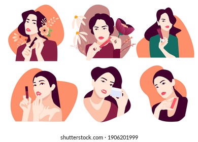 Set of woman illustrations for beauty, cosmetics, makeup, healthcare, fashion. Flat design vectors for graphic and web design, marketing material, product presentation, social media, textile design.