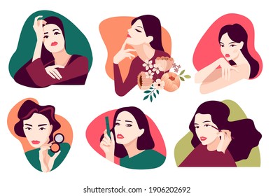 Set of woman illustrations for beauty, cosmetics, makeup, healthcare, fashion. Flat design vectors for graphic and web design, marketing material, product presentation, social media, textile design.