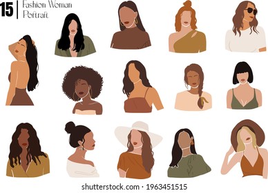 Set of Woman inspired minimalist portrait illustration.  Diversity and multiracial women avatar for a social network.Vector flat illustration