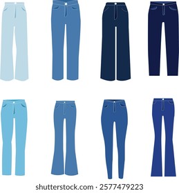 Set of Woman Jeans. Woman must have jeans flat vector