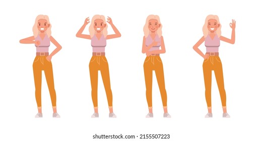 Set of woman lifestyle wear pink shirts color character vector design. Presentation in various action with emotions, running, standing and walking.