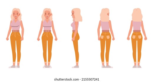 Set of woman lifestyle wear pink shirts color character vector design. Presentation in various action with emotions, running, standing and walking.