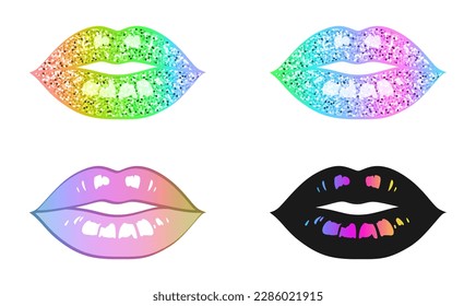 Set of woman lips isolated on a white background. Rainbow, with glitter texture, black with rainbow highlights. Vector decorative female lips for cover, website, sign, label, emblem, print for t-shirt