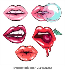 Set Of Woman Lips, Mouth, Vector Drawings