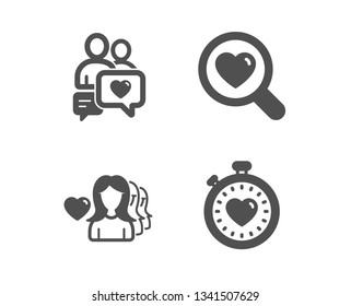 Set of Woman love, Dating chat and Search love icons. Heartbeat timer sign. Romantic people, Dating service.  Classic design woman love icon. Flat design. Vector