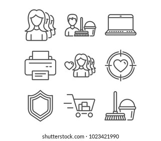 Set of Woman love, Notebook and Printer icons. Shopping cart, Cleaning service and Valentine target signs. Security, Women headhunting and Bucket with mop symbols. Romantic people. Laptop computer