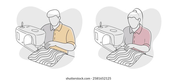 Set of woman and male seamstress using sewing machine in line art style. Tailor designs new clothes in workshop.  Vector cartoon flat style, illustration isolated on white background