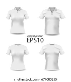 Set of woman and man clothes. White colour polo-shirt. Vector sportswear and uniform
