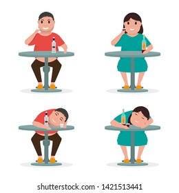 Set woman and man drink at table and get drunk. Inebriated person sleeps after drinking alcohol. Alcohol addiction. Vector illustration isolated on white background, flat style.