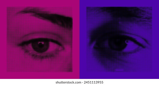 Set of woman and man eyes. Black dots on vibrant purple and pink background, Vector abstract graphic pattern. Human eyeball illustration. Collage acid element