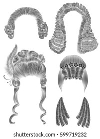 set woman and man hairs  . black  pencil drawing sketch .
medieval style rococo baroque . wig   curls hairstyle 
