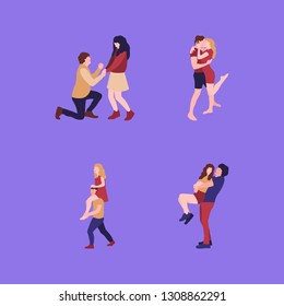 Set of woman and man in love. Lovers hugging, young man is holding a woman in his arms, young woman sits on the shoulders of a man, young man offers one's hand. Vector collection