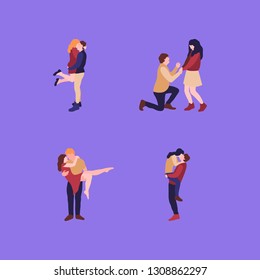 Set of woman and man in love. Lovers hugging, young man is holding a woman in his arms, young man offers one's hand. Vector collection