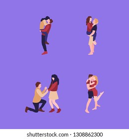Set of woman and man in love. Lovers hugging, young man is holding a woman in his arms, young man offers one's hand. Vector collection