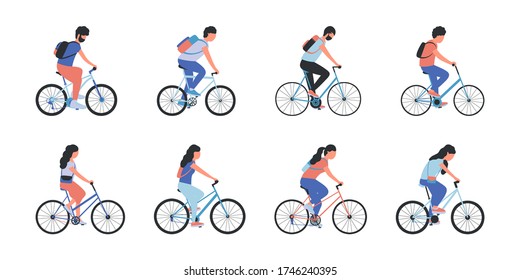 Set of woman and man on bicycles. Group of people riding bikes. Vector collection. Flat style