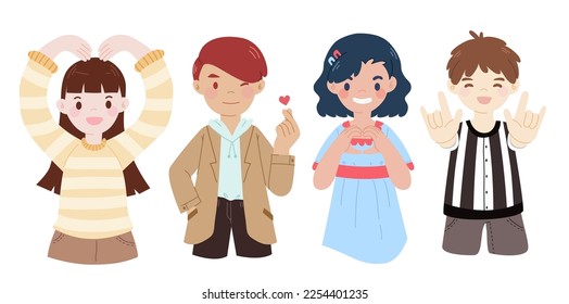 Conjunto de mujeres y hombres posando con forma de corazón el lenguaje corporal, signo por manos y dedos. Ilustraciones aisladas de diseño de vector plano de estilo dibujado a mano.