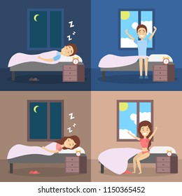 Set of woman and man sleeping in the bed and waking up with the sun in a good mood. Resting in bedroom and morning awakening. Flat vector illustration