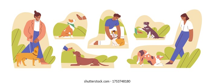 Set of woman and man teaching domestic animal vector flat illustration. Collection of caring owners and pets playing together, performing command isolated on white. Concept of dog training school svg