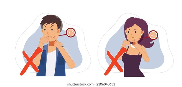 set of woman and man trying to pop pimple on the acne face. Popping acne is forbidden. flat vector cartoon character illustration