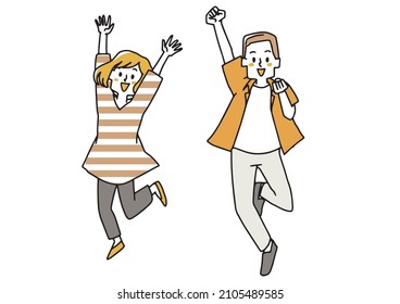 A set of a woman and a man who expresses joy and determination while pushing up their fists and jumping. Warm hand-drawn portrait illustration.
