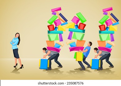 set of woman and men shopping with shadows