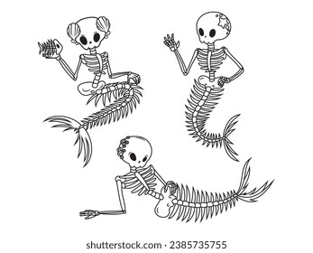 Set of woman mermaid skeleton. Collection of human skeletons with fairy mermaid tails. Mystical creature. Vector illustration for halloween poscard. T-shirt design.