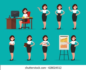 Set woman office worker in various situations. Vector illustration of a flat design