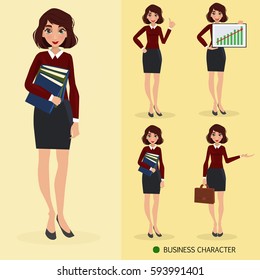 Set woman office worker in various situations. Vector illustration of a flat design.