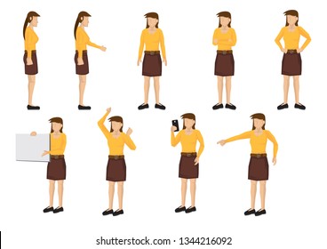 Set of woman in orange outfit in various poses and action. Isolated vector illustration.