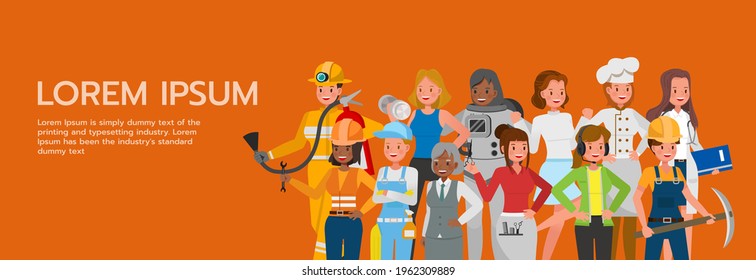 Set of woman people group different job and occupations on orange background character vector design. Labor Day.