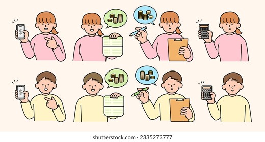 A set of woman planning finances, savings accounts, and money-saving. Simple Style Vector illustration.