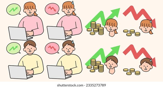 A set of woman planning finances, savings accounts, and money-saving. Simple Style Vector illustration.