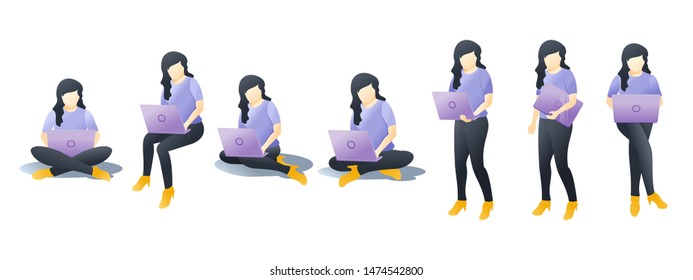 Set of Woman playing, carrying or holding laptop. A woman sitting and standing use her Laptop with different positions. Flat Cartoon characters design isolated on white background. Vector illustration