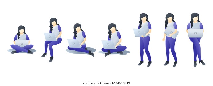 Set of Woman playing, carrying or holding laptop. A woman sitting and standing use her Laptop with different positions. Flat Cartoon characters design isolated on white background. Vector illustration