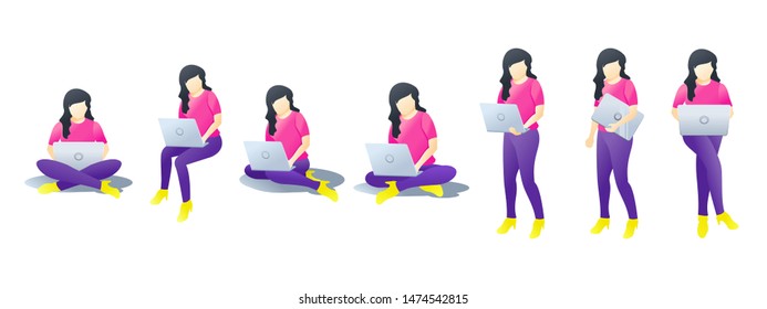 Set of Woman playing, carrying or holding laptop. A woman sitting and standing use her Laptop with different positions. Flat Cartoon characters design isolated on white background. Vector illustration