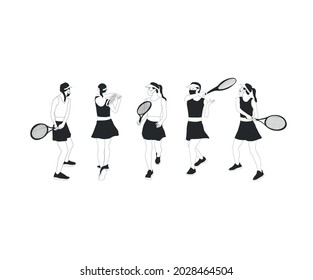 Set woman playing tennis. Girl in sports uniform with tennis racket. Hand drawn flat female character isolated on white background. 