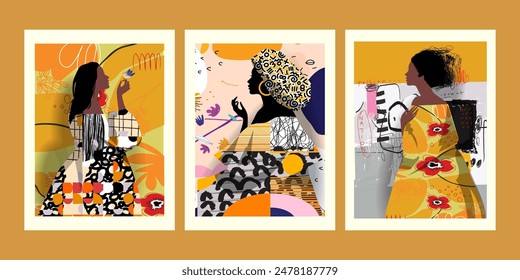 Set of woman portrait abstract geometric, shapes, hand drawn vector wall art illustration. Creative graphic silhouette cubism people. Aesthetic design for art print, cards, poster, cover.