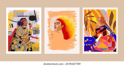 Set of woman portrait abstract geometric, shapes, hand drawn vector wall art illustration. Creative graphic silhouette cubism people. Aesthetic design for art print, cards, poster, cover.