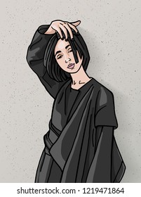 Set woman portrait of an Asian girl in national clothes. Hipster style in backlight. Template for card, poster. banner, print for t-shirt, stickers. Illustration Female straightens hair in retro style