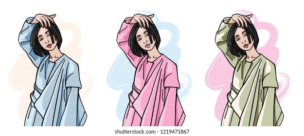 Set woman portrait of an Asian girl in national clothes. Hipster style in backlight. Template for card, poster. banner, print for t-shirt, stickers. Illustration Female straightens hair in retro style