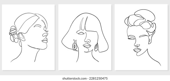 Set of woman portrait. Simple, minimalist vector illustration of beautiful woman. Line drawing