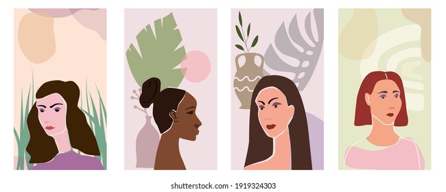 Set Woman portraites minimal abstract contemporary style. Female faces flora leaves shapes vase silhouette background trendy modern art concept. Poster vector template social media stories, print